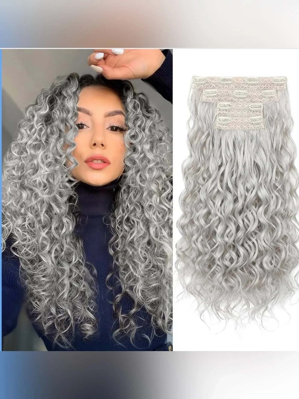 Curly 4-Pc Hair Extensions Silver Gray Lace Weft Clip Ins - 20”